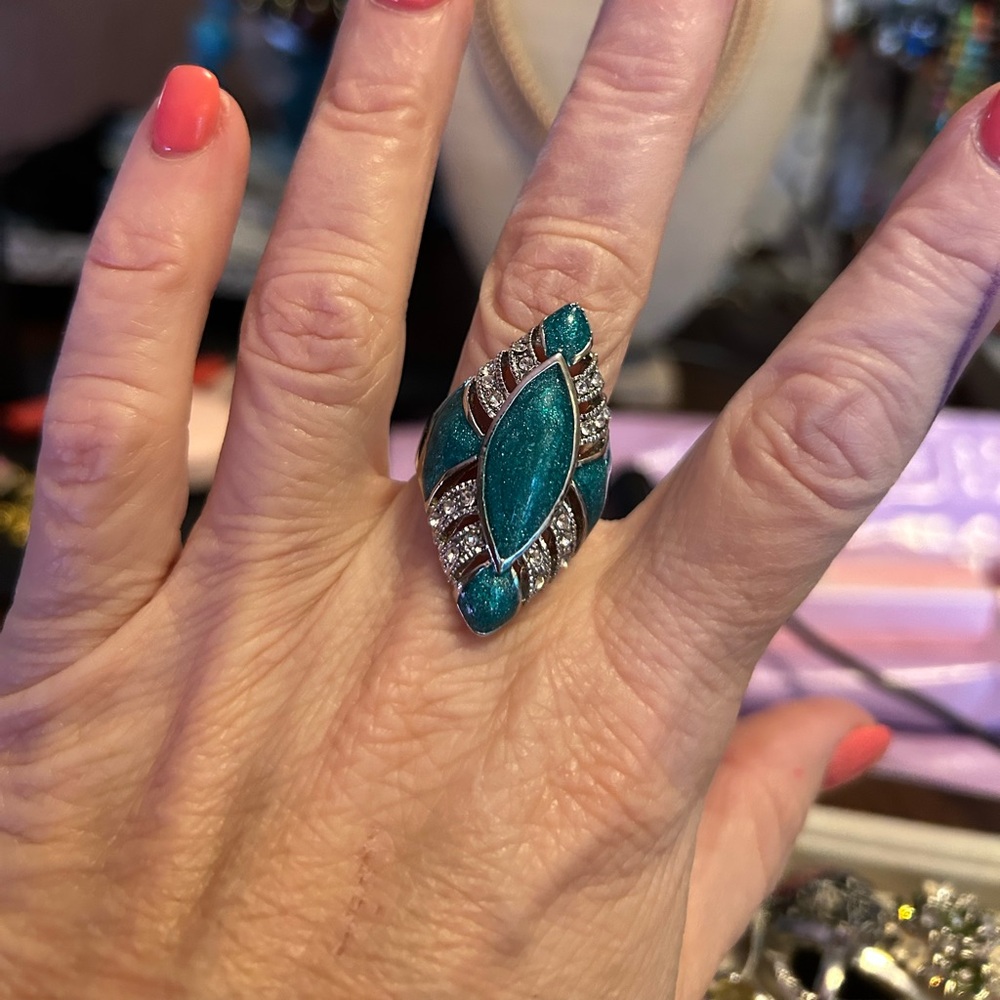 Silver & Teal Rhinestone Ring